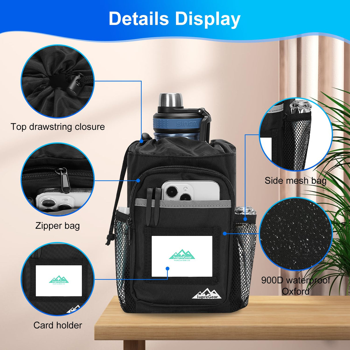 supregear Crutch Accessories Bag, Water-Resistant Storage Pouch with Cup Holder and Multiple Pockets, Large Capacity Organizer for Underarm Crutches, Black