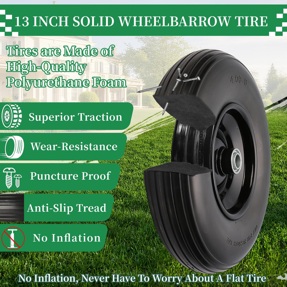 4.00-6 Flat Free Tire and Wheel, 13" Solid Wheelbarrow Tires, Adapter Kit