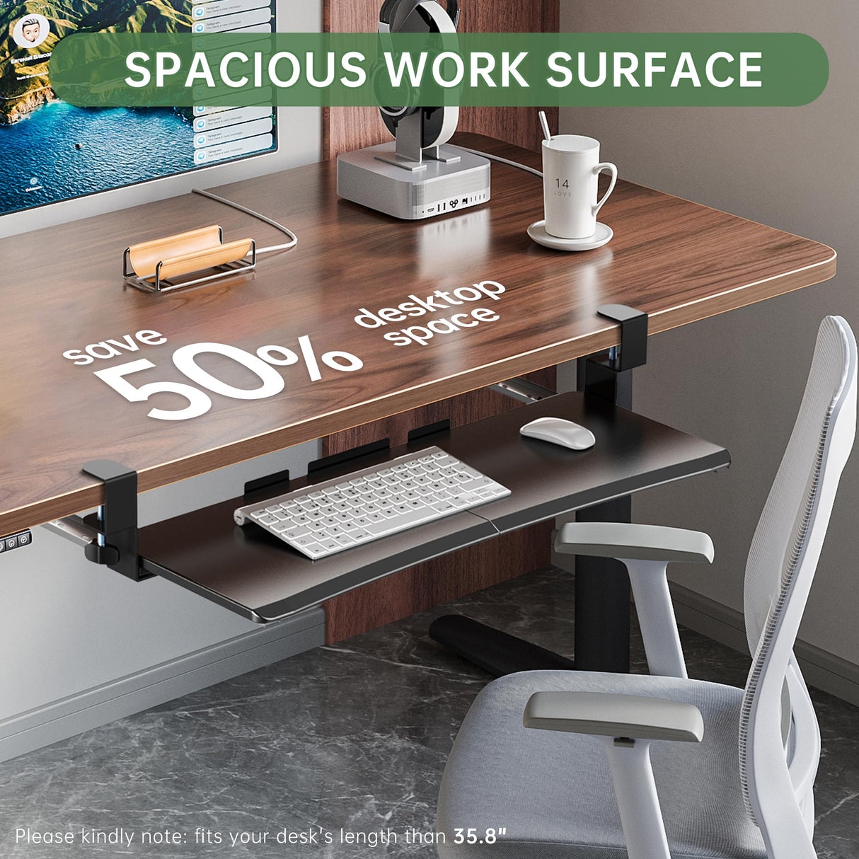 UPGRAVITY Extra Large Keyboard Tray Under Desk - Slide Out with Sturdy C-Clip Mount System, 31.5" (35.8" Including Clamps) x 11.8" Put-Out Keyboard Tray Computer Drawer for Ergonomic Typing, Black