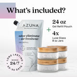 Azuna Air Freshener & Odor Eliminator for Strong Odor | 4 Room Kit Includes (4) Empty Luxe Glass Jar & 24oz Gel Refill with Tea Tree Essential Oil | Aromatherapy | Last 60-90 Days
