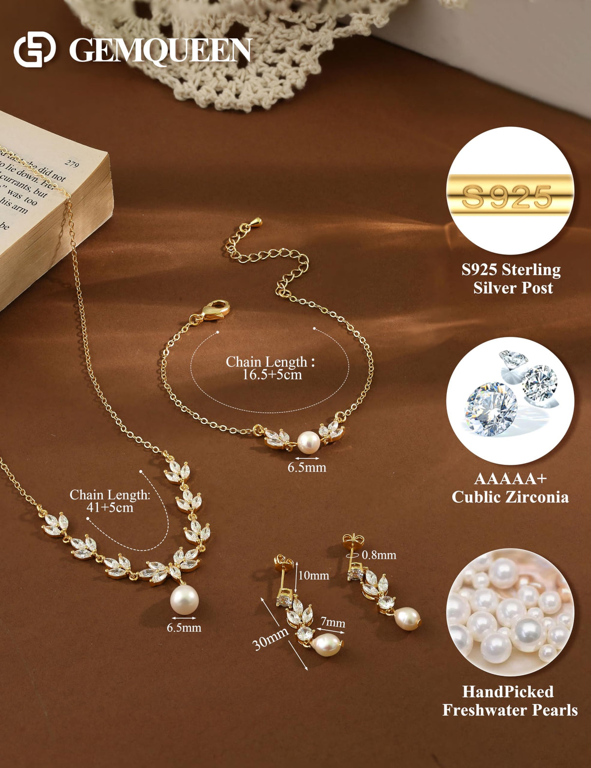 GEMQUEEN 14K Gold Plated Pearl Jewelry Set 925 Sterling SIlver Post