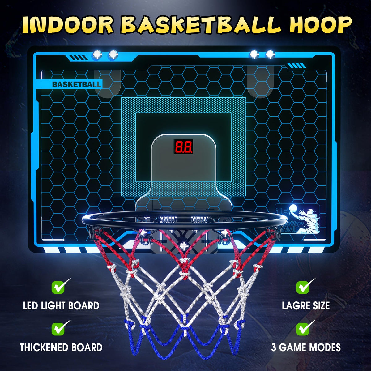 Indoor Basketball Hoop with Auto Scoring, Lights & Balls for Kids Ages 5-12