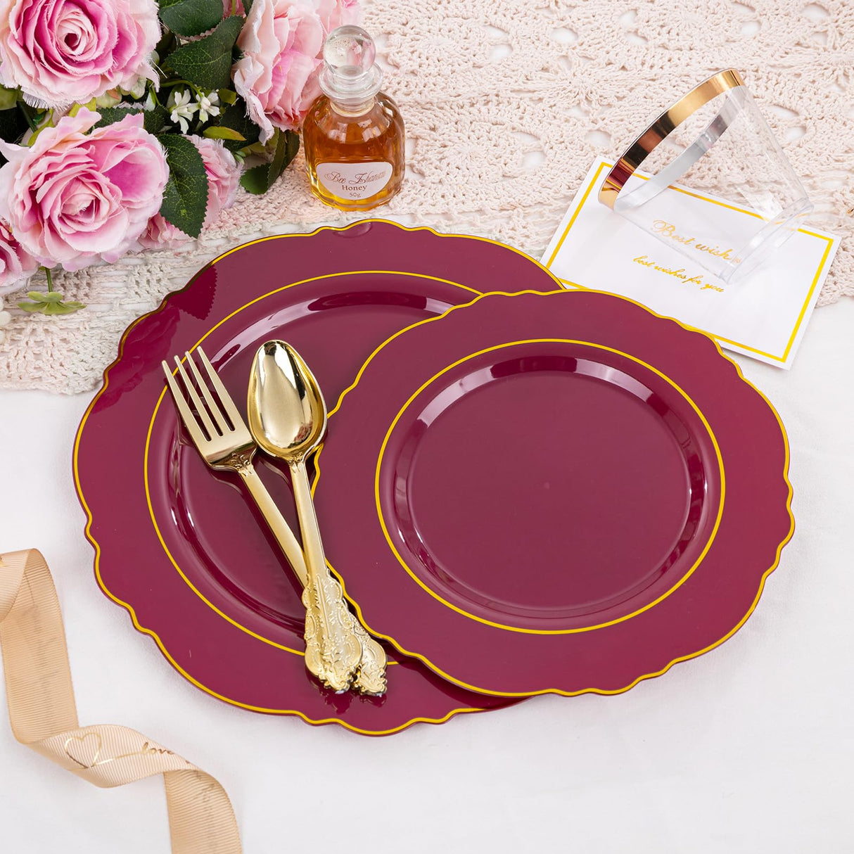 Liacere 350PCS Red Plastic Plates-Disposable Burgundy Red and Gold Plates 50guest Baroque Plastic Dinnerware include 100Plates, 50Pack Pre Rolled Napkins with Silverware 50Cups for Christmas