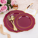 Liacere 350PCS Red Plastic Plates-Disposable Burgundy Red and Gold Plates 50guest Baroque Plastic Dinnerware include 100Plates, 50Pack Pre Rolled Napkins with Silverware 50Cups for Christmas