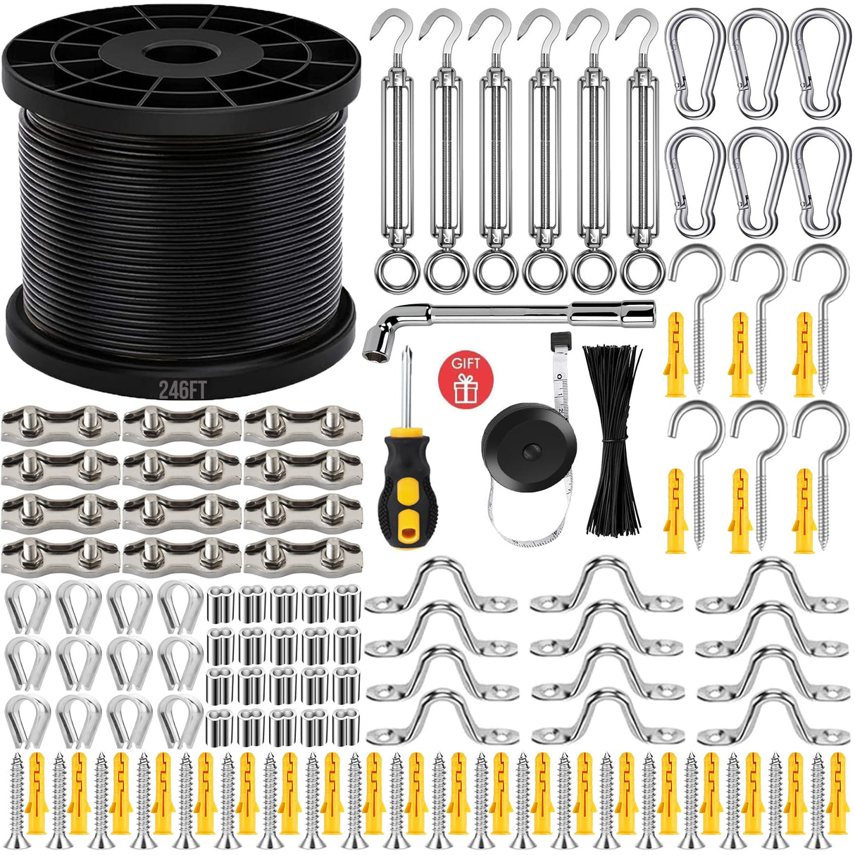 YingYa BIS 246FT Black Vinyl Coated 304 Stainless Steel Wire Rope Cable Kit – Heavy Duty Outdoor String Light Hanging Guide Wire with M5 Turnbuckle for Patio, Garden, Christmas Lights