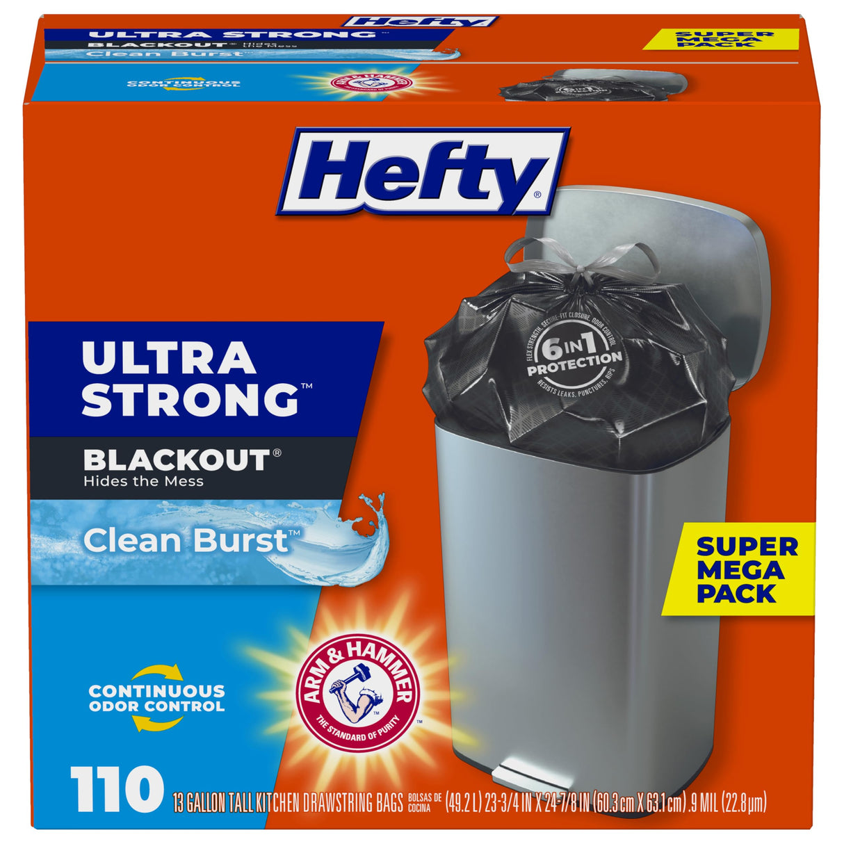 Hefty Ultra Strong 13 Gallon Trash Bags, Black Tall Kitchen Trash Bags 13 Gallon Size, Break Resistant Drawstring Enclosure, Continuous Odor Control, Blackout, Clean Burst Scent, 110 Bags
