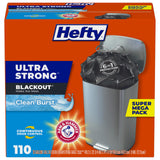 Hefty Ultra Strong 13 Gallon Trash Bags, Black Tall Kitchen Trash Bags 13 Gallon Size, Break Resistant Drawstring Enclosure, Continuous Odor Control, Blackout, Clean Burst Scent, 110 Bags