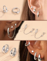 Florideco Silver Plated Flat Back Earrings Hypoallergenic Surgical Steel Earrings for Women Trendy Cartilage Chain Hoop Earring Studs Star Heart CZ Flatback Stud Earring Pack