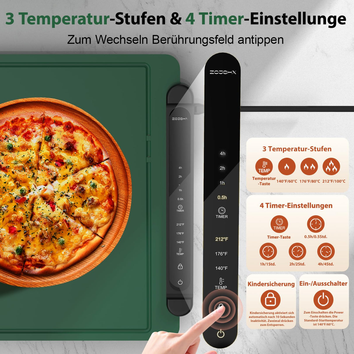 Food Warming Mat Electric Tray: Adjustable Silicone Heating Pad with 3 Temperature Settings 4 Timer Function Portable Roll Up Hot Plate for Buffets Party Gatherings Kitchen Warmer Countertop Green