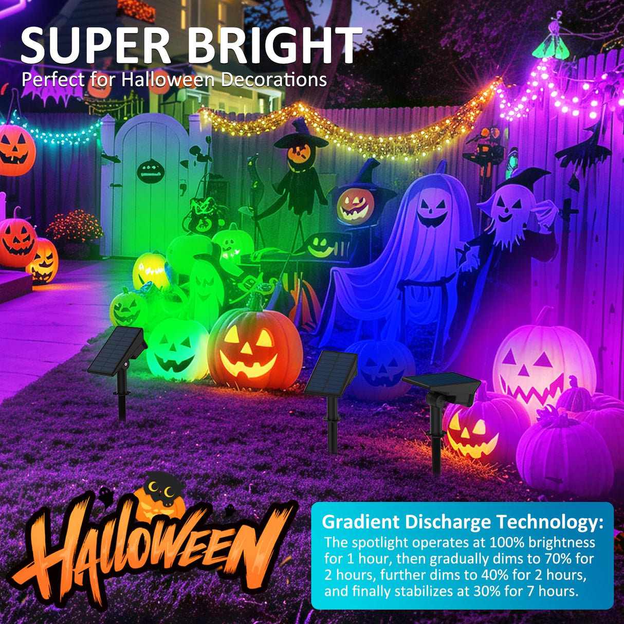 T-SUNUS Halloween Solar Color Landscape Spotlights Outdoor, IP65 Waterproof RGB Spot Light 2 Pack Auto Dusk to Dawn Landscaping Wall Lights for Christmas Tree Yard Garden Driveway Porch Walkway Pond