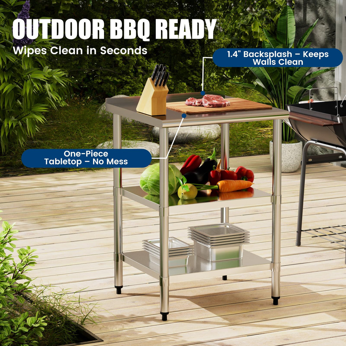 Chingoo Stainless Steel Work Table 24x24 Inch with 2 Adjustable Undershelves & Backsplash, Heavy-Duty Prep Table for Commercial Kitchen, Restaurant, Garage, Outdoor