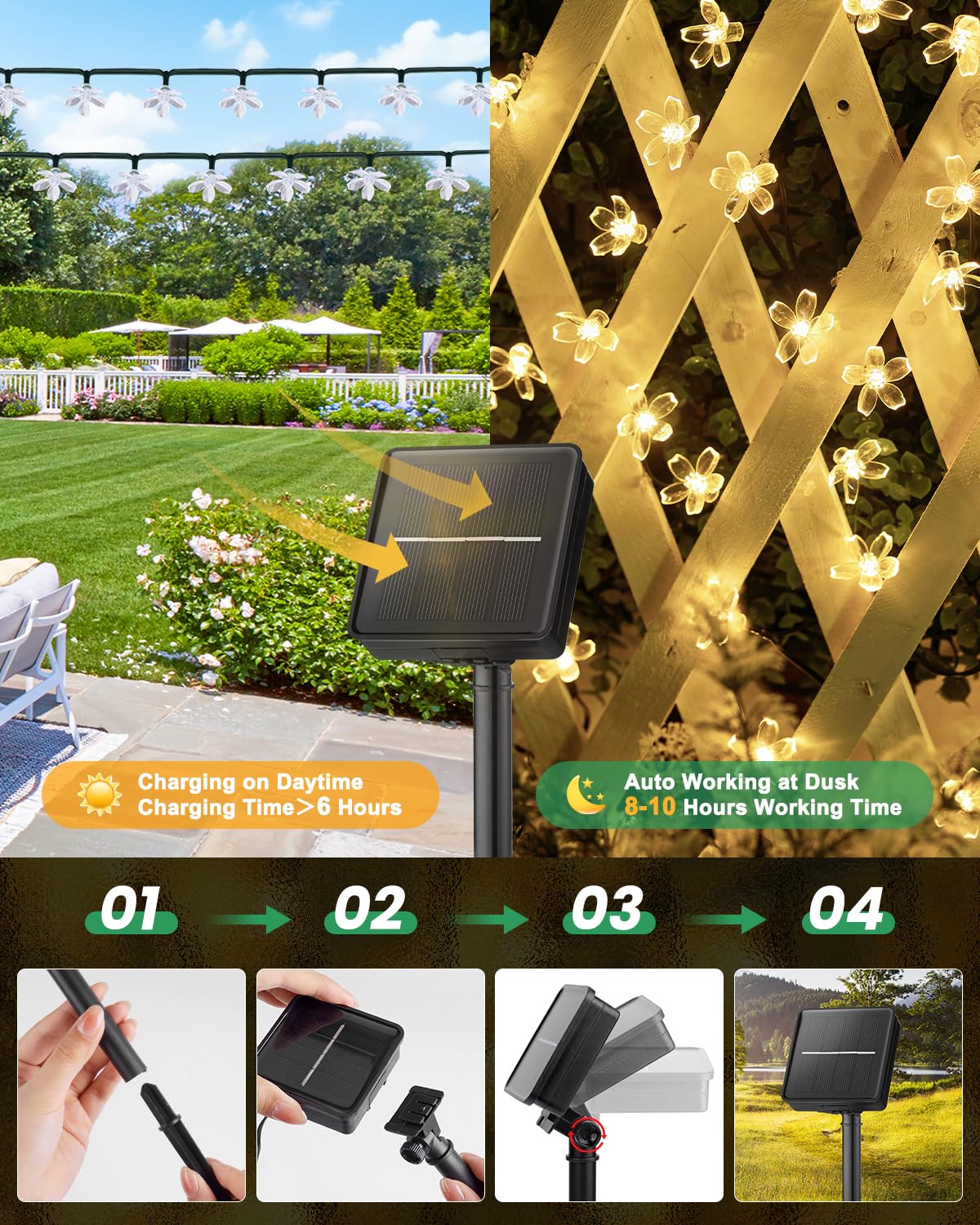 Brightown 2 Pack Total 52FT 120 LED Solar String Lights Flower Outdoor Waterproof Fairy Lights for Garden Yard Fence Patio Christmas Tree Wedding Party Decor, Warm White
