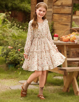 GRACE KARIN Girls Dresses Size 10-12 Kids Fall Winter Christmas Party Long Sleeve Holiday Hawaiian Floral Dress Apricot