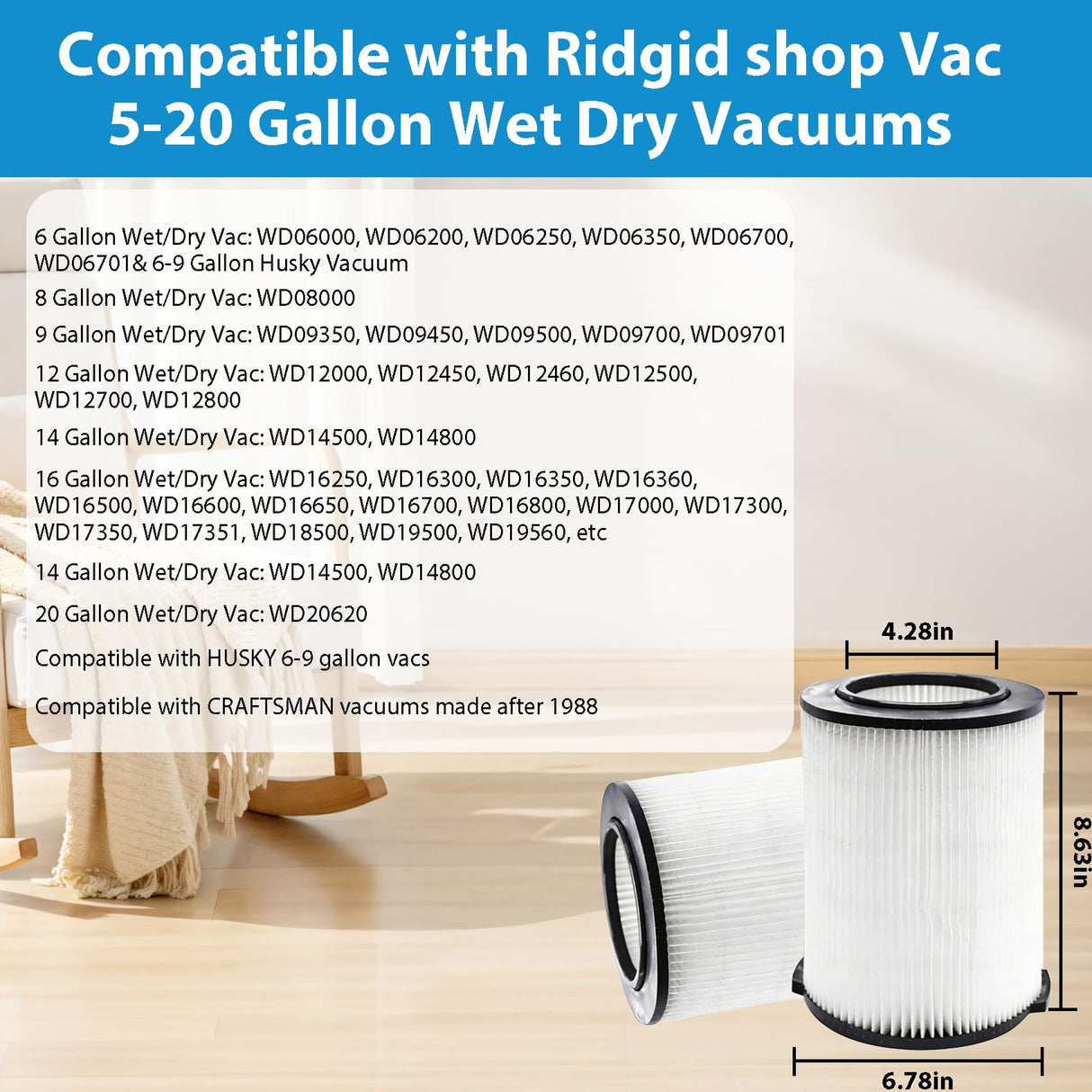2-Pack VF4000 Replacement Filter for Ridgid 72947 Standard Wet dry Vac 5 to 20 Gallon 6-9 Gal Husky Vacuum Compatible WD5500 WD0671 RV2400A RV2600B Vac