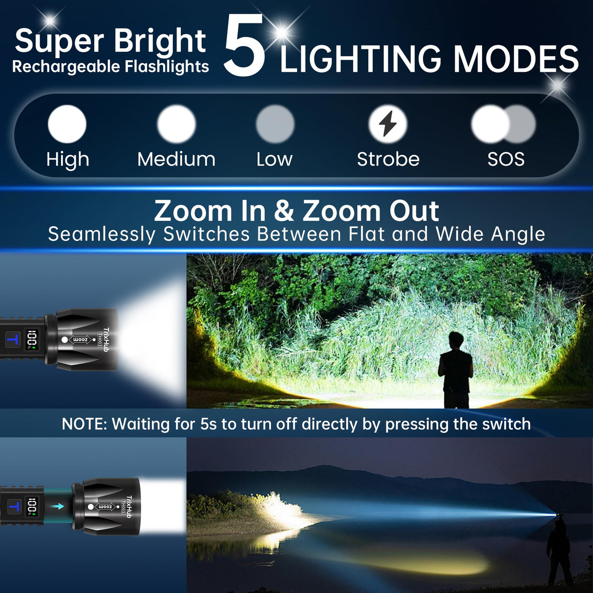 TrixHub Rechargeable Flashlights 99000High Lumens 2Pack, 5Mode Flash Light with LCD Digital Display, Super Bright Adjustable Tactical Flashlight, High Powered LED Handheld Flashlight for Home