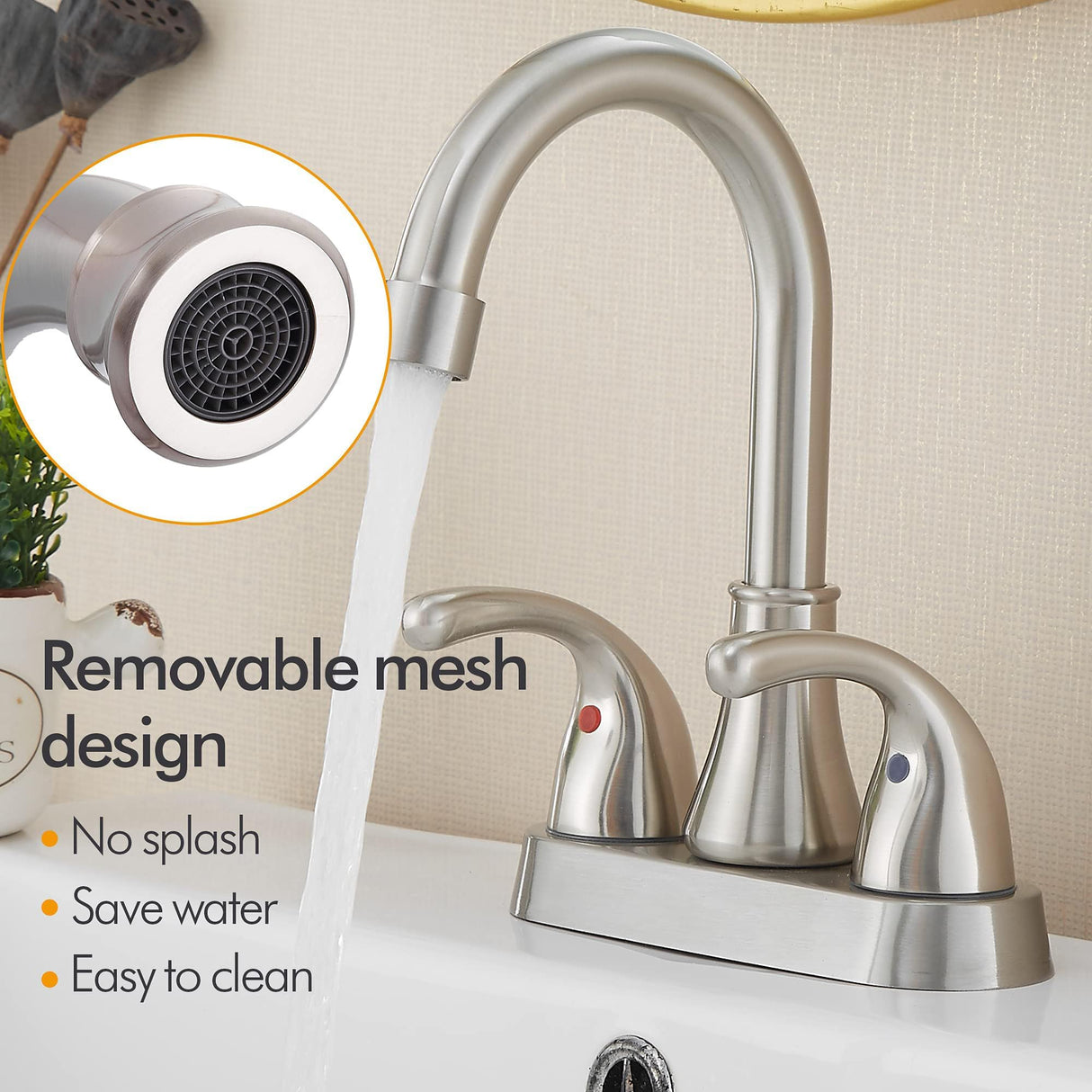 Brushed Nickel Bathroom Sink Faucet 4 Inch Faucet 2 Handle with Pop-up Drain Stopper and Supply Hoses(Set of 2)