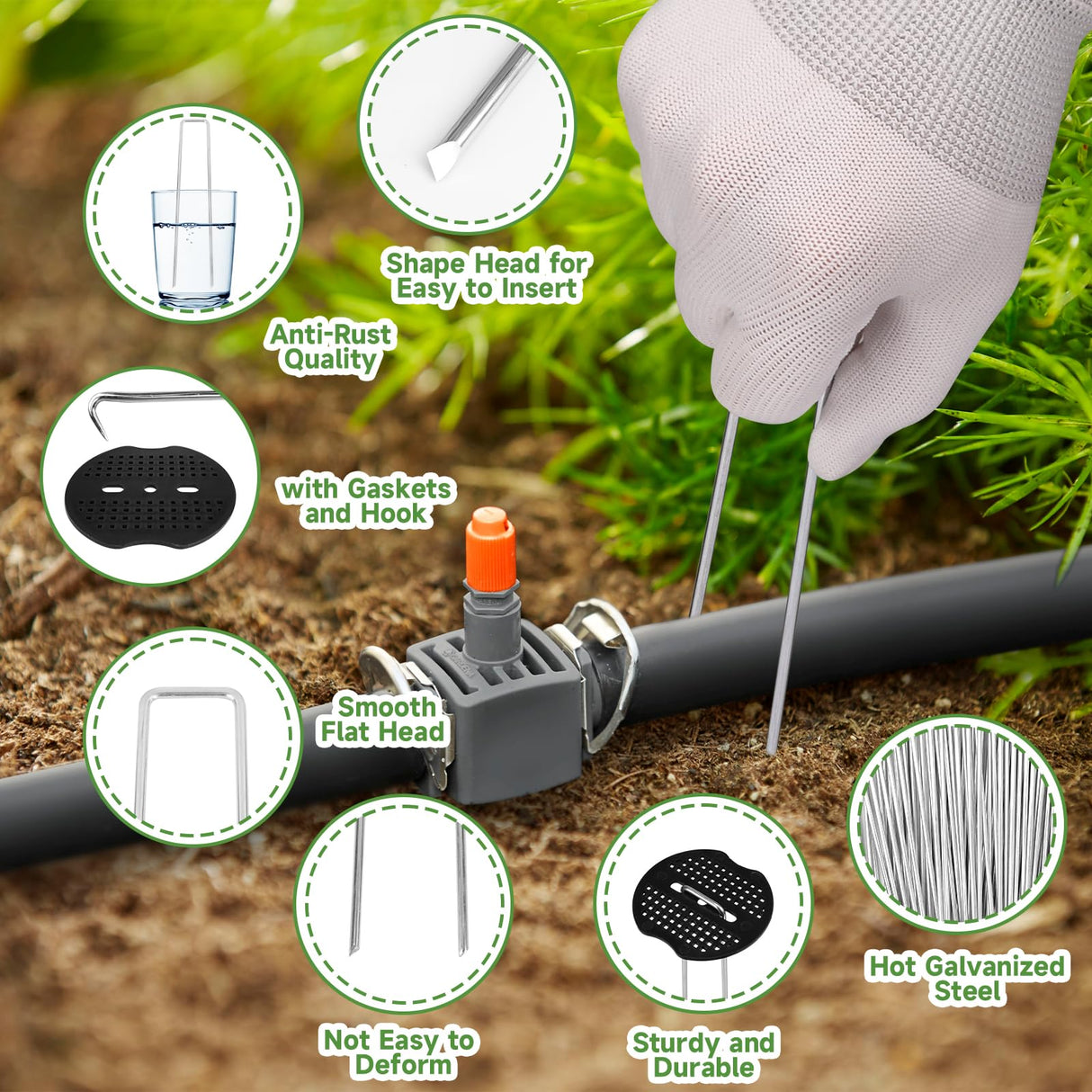 JELNER Garden Stakes,6 Inch 11 Gauge 100pcs Galvanized Landscape Staples + 100pcs Gaskets + 1Pick Hook, Tent Stakes Landscaping Fabric SOD Pins for Weed Fabric Barrier,Groud Cover,Fence