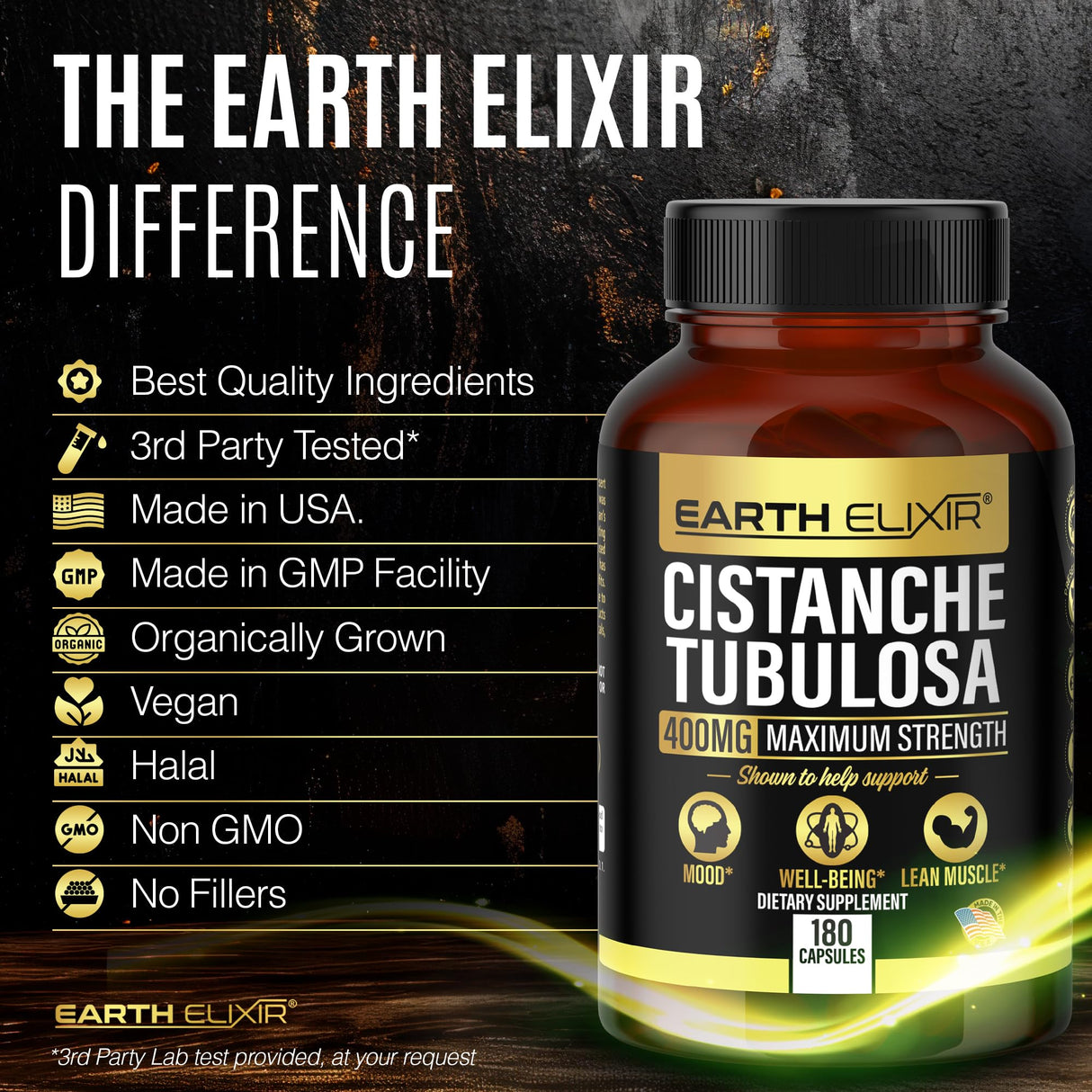 Earth Elixir Cistanche Tubulosa 400 mg (180 Capsules) 3 Months Supply – Made in USA - 3rd Party Tested - Cistanche Supplement - Zero Fillers - Max Purity - Nootropics - 100% Pure Cistanche Herb