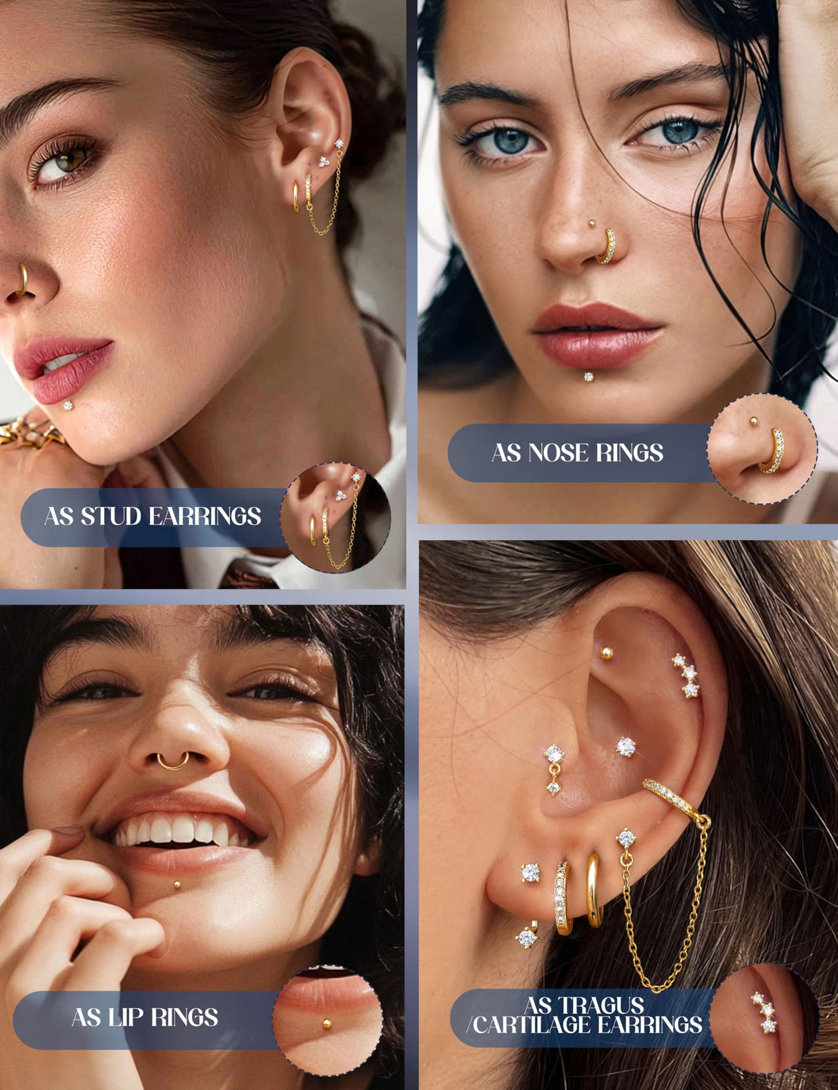 LOLIAS Hypoallergenic Gold Threadless Flat Back Stud Earrings for Women