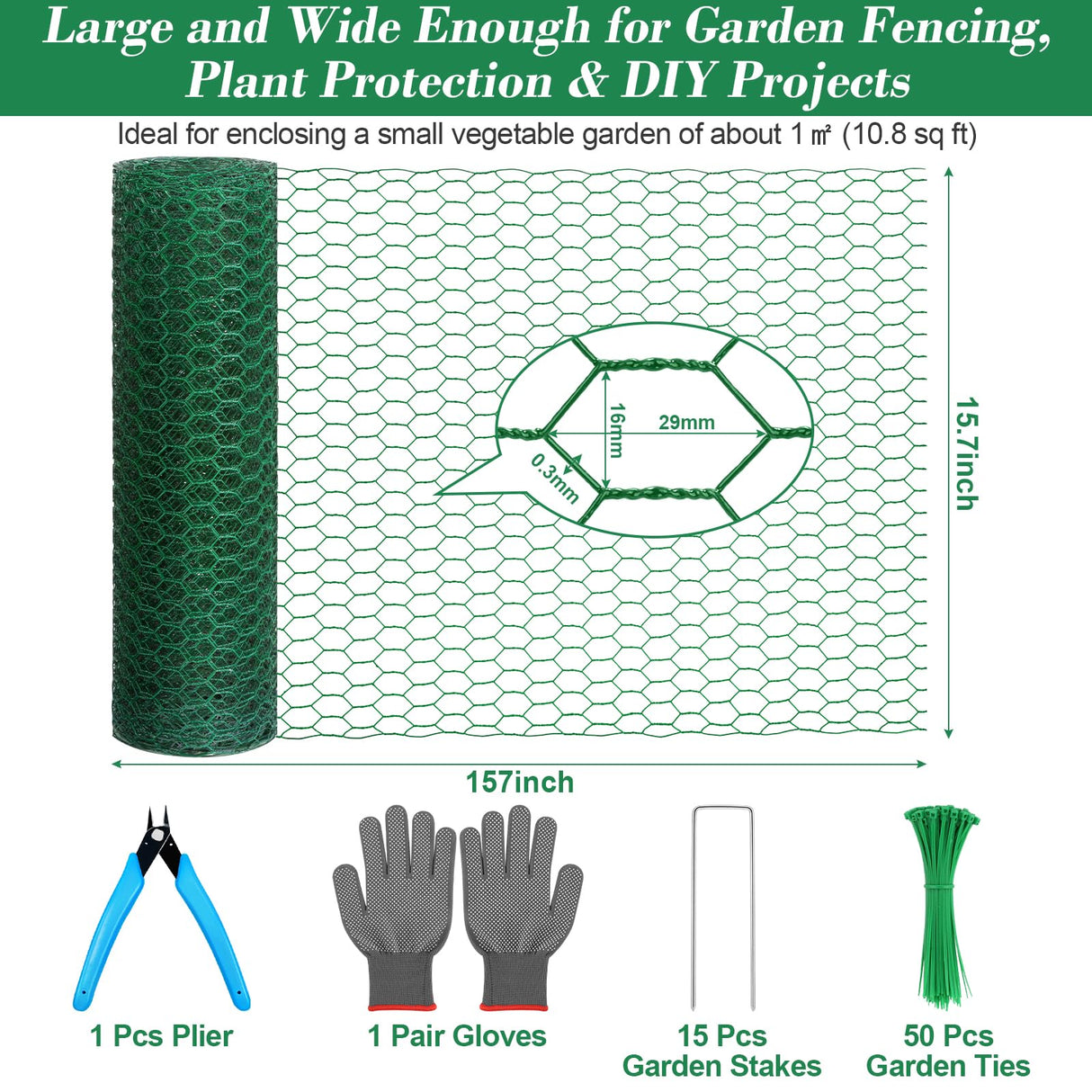 Lucomb Plant Protectors from Animals 15.7 x 157 in Green Chicken Wire Plant Cages for Outdoor Plants, Hexagonal Wire Plant Protector with Ground Stakes, Pliers, Garden Protection from Animals