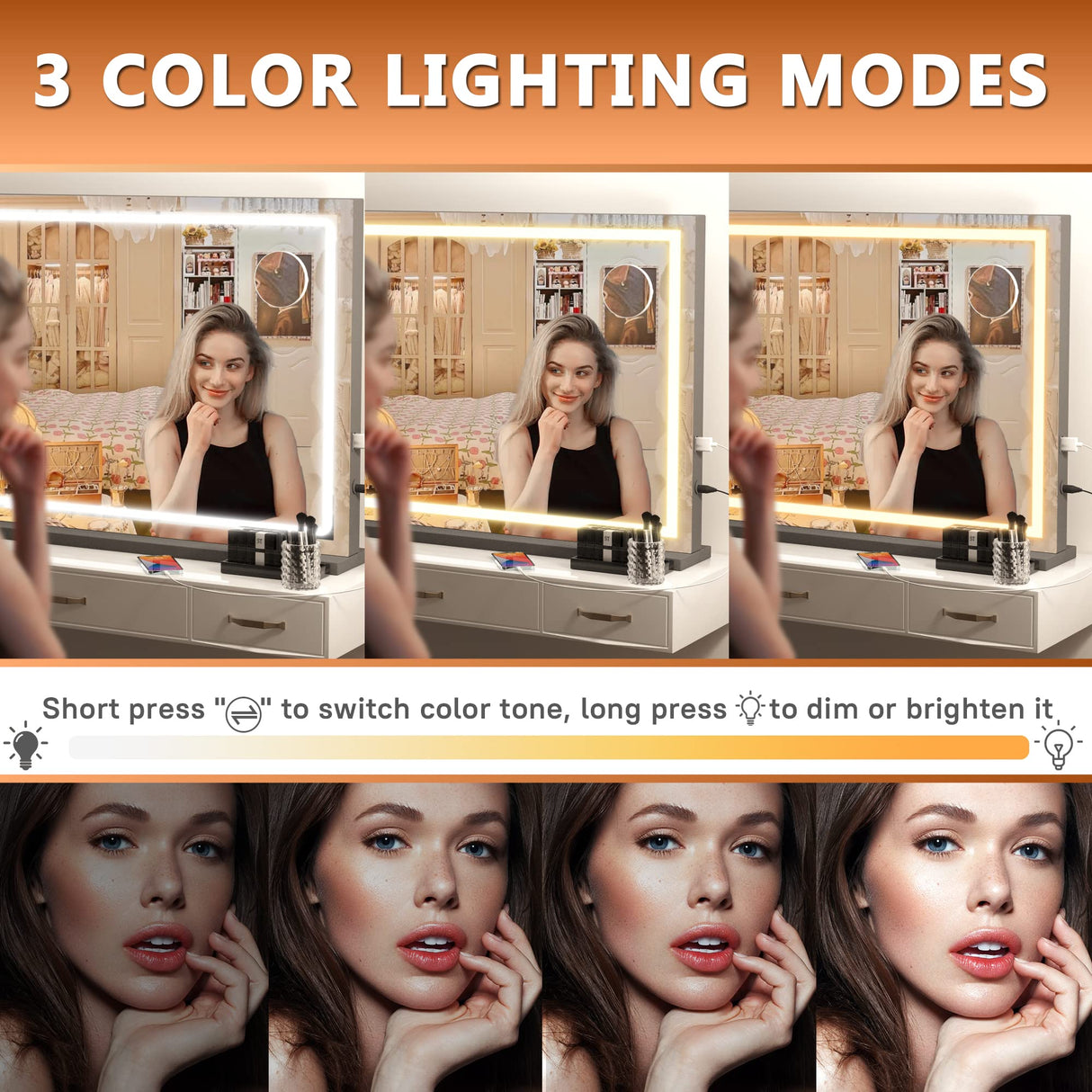 Hasipu Vanity Mirror with Lights, 32" x 22" LED Makeup Mirror, Lighted Makeup Mirror with Dimmable 3 Modes, Touch Screen Control Vanity Mirror Square Black