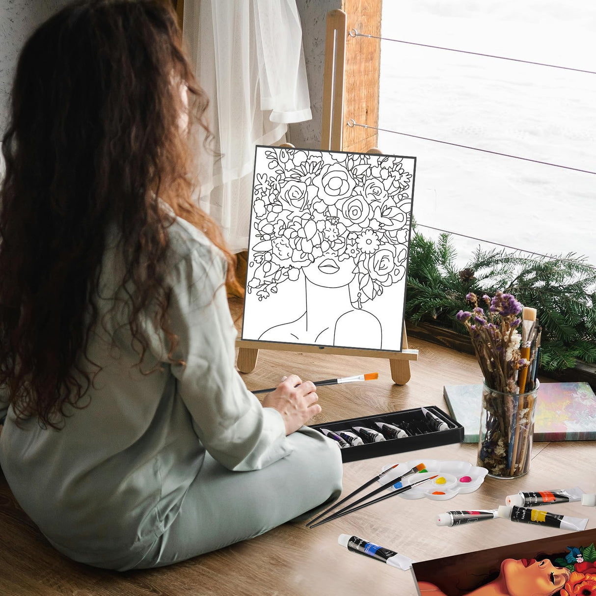 Cholemy 36 Pcs Paint and Sip Kit for Adults 8''x10'' Pre Drawn Canvas for Painting DIY Afro Acrylic Painting Kit Wood Easel Brushes Date Night Bulk for Christmas Party Gifts(Flower Lady)