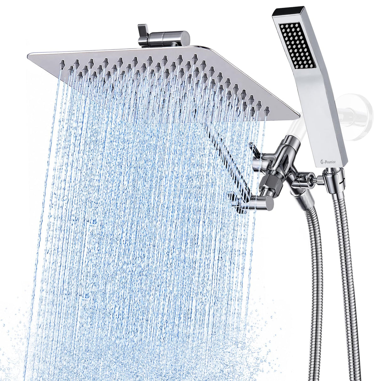 G-Promise All Metal 8 Inch Dual Square Shower Head with Handheld Spray Combo, Rain Shower Head, Adjustable Extension Arm, Smooth 3-Way Diverter, 71 Inch Extra Long Hose - A Bathroom Upgrade (Chrome)