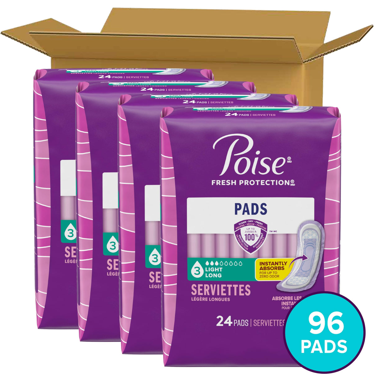 Poise Incontinence Pads & Postpartum Incontinence Pads, 3 Drop Light Absorbency, Long Length, 96 Count (4 Packs of 24), Packaging May Vary