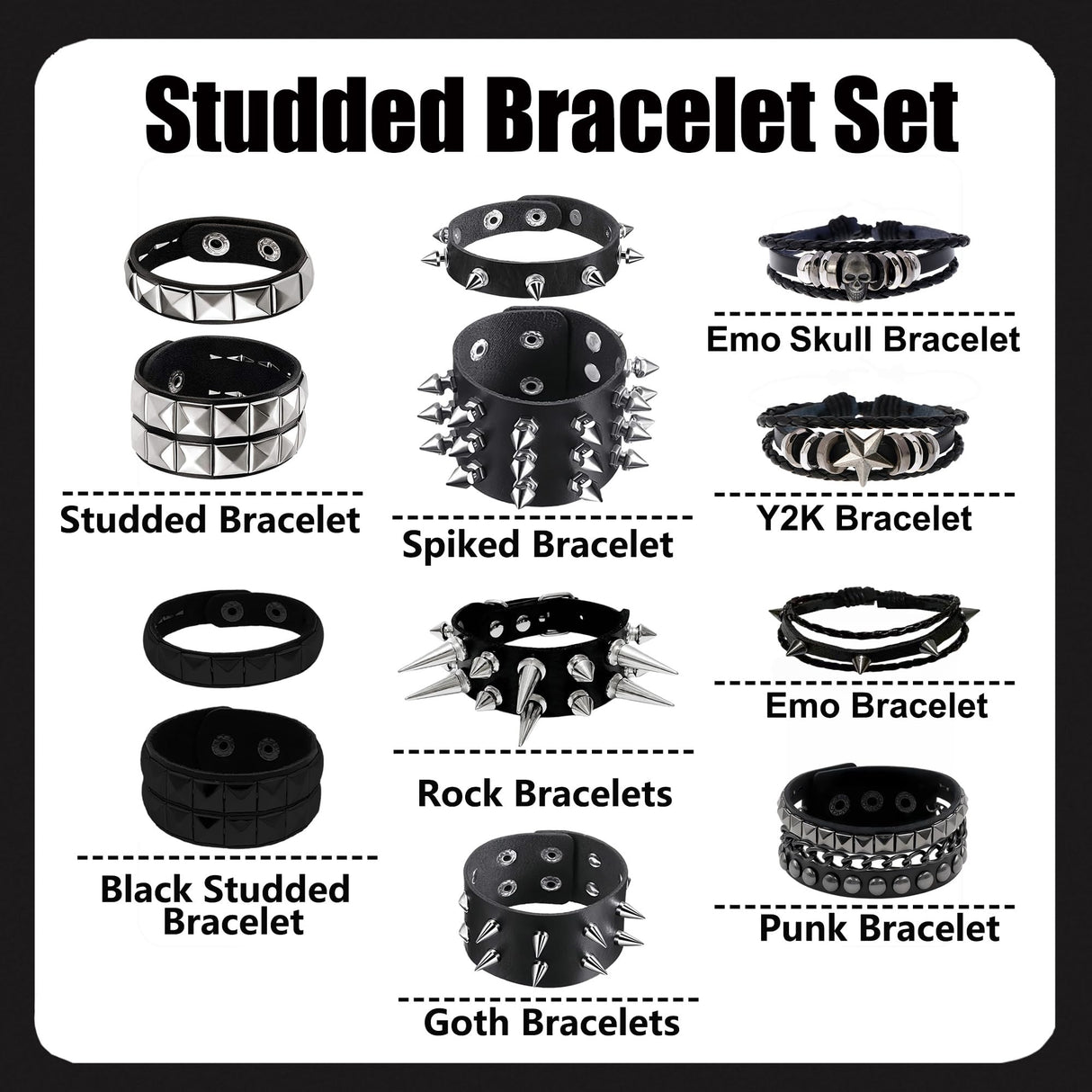 YMO 12 Pieces Spiked Bracelets, Studded Bracelet Emo Bracelets Black Leather Cuff Rivet Gothic Goth Punk Bracelet Punk Accessories for Women Men