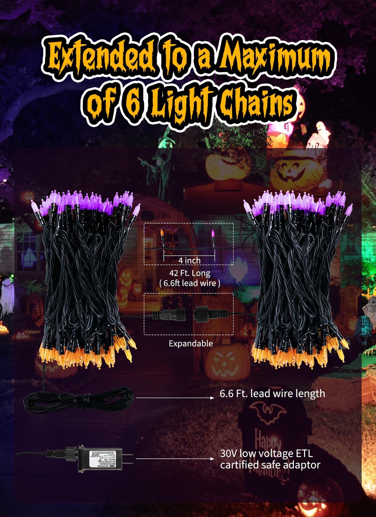 Christmas Lights Outdoor, 33FT 100 LED Mini Orange Purple Lights Plug in with 8 Modes for Outdoor Indoor Christmas Tree Lights Party Holiday Commercial Decorations, Waterproof & Connectable, 2 Pack