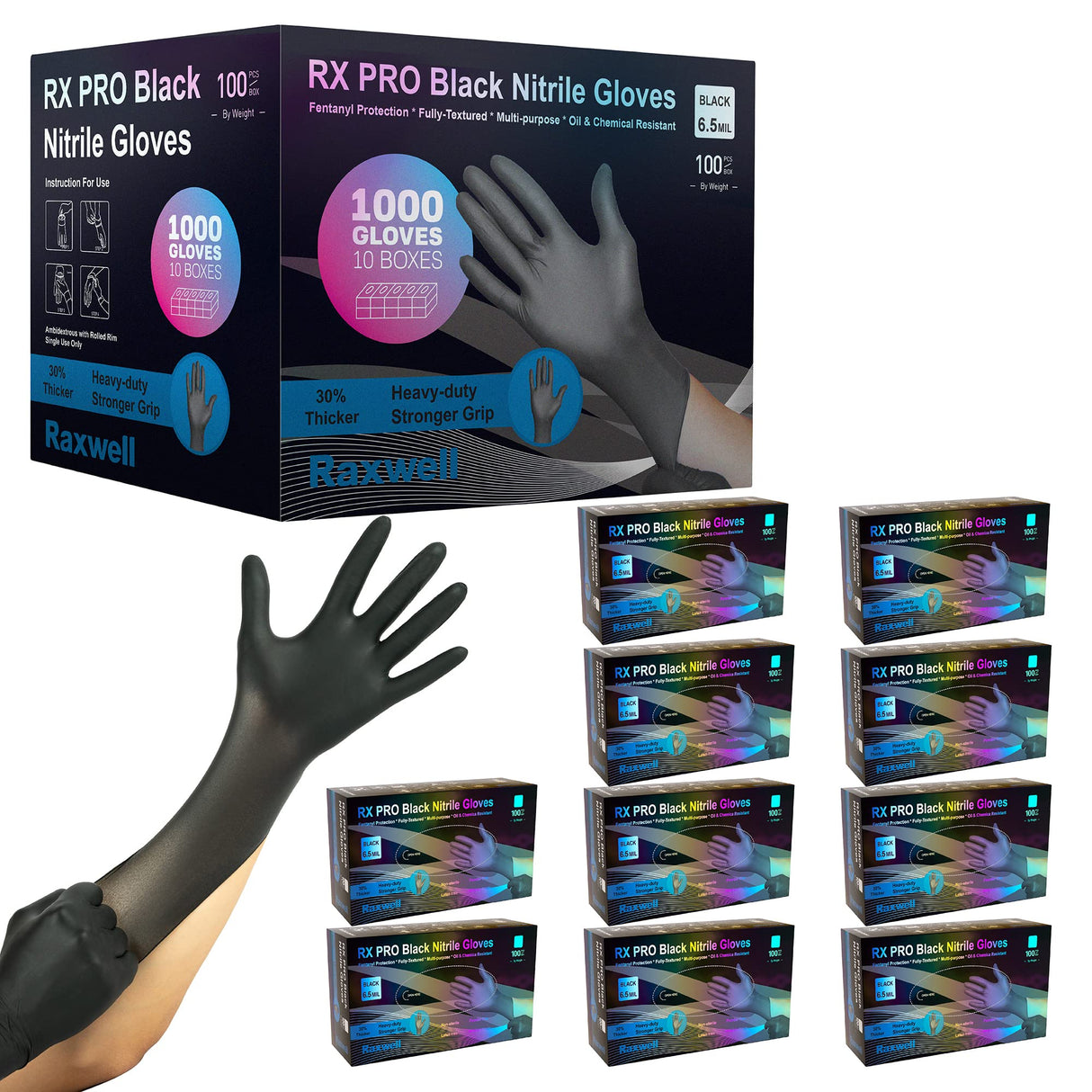 Raxwell Disposable Black Nitrile Rubber Gloves - Heavy-Duty Mechanic & Working Gloves - Textured Grip for Painting & Cleaning - Powder & Latex Free for Cooking & Serving - Medium, 6.5 mil, 1000 ct