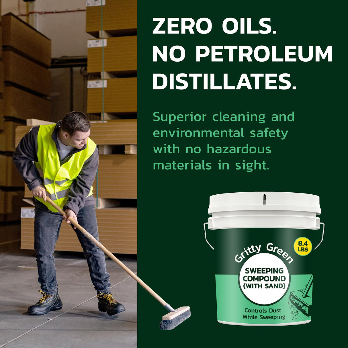 Gritty Green Sweeping Compound with Sand – Effective Dust Control on Cement & Unfinished Floors, Grit and Sand Breaks Up Loose Dust for an Even Deeper Clean, Oil Free, Made in USA (8.4 lbs)