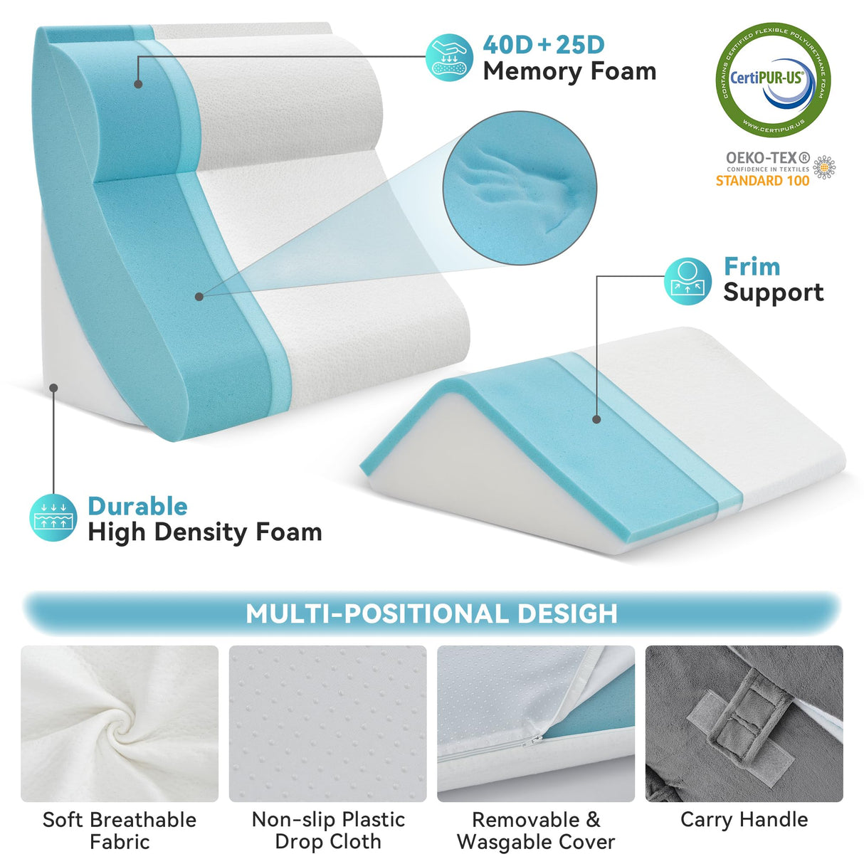 Kingfun 4pcs Orthopedic Bed Wedge Pillow Set for Post Surgery, Memory Foam for Sleeping, Adjustable Leg, Back and Arm Support, Sitting Up and Rest Pillow with Travel Bag