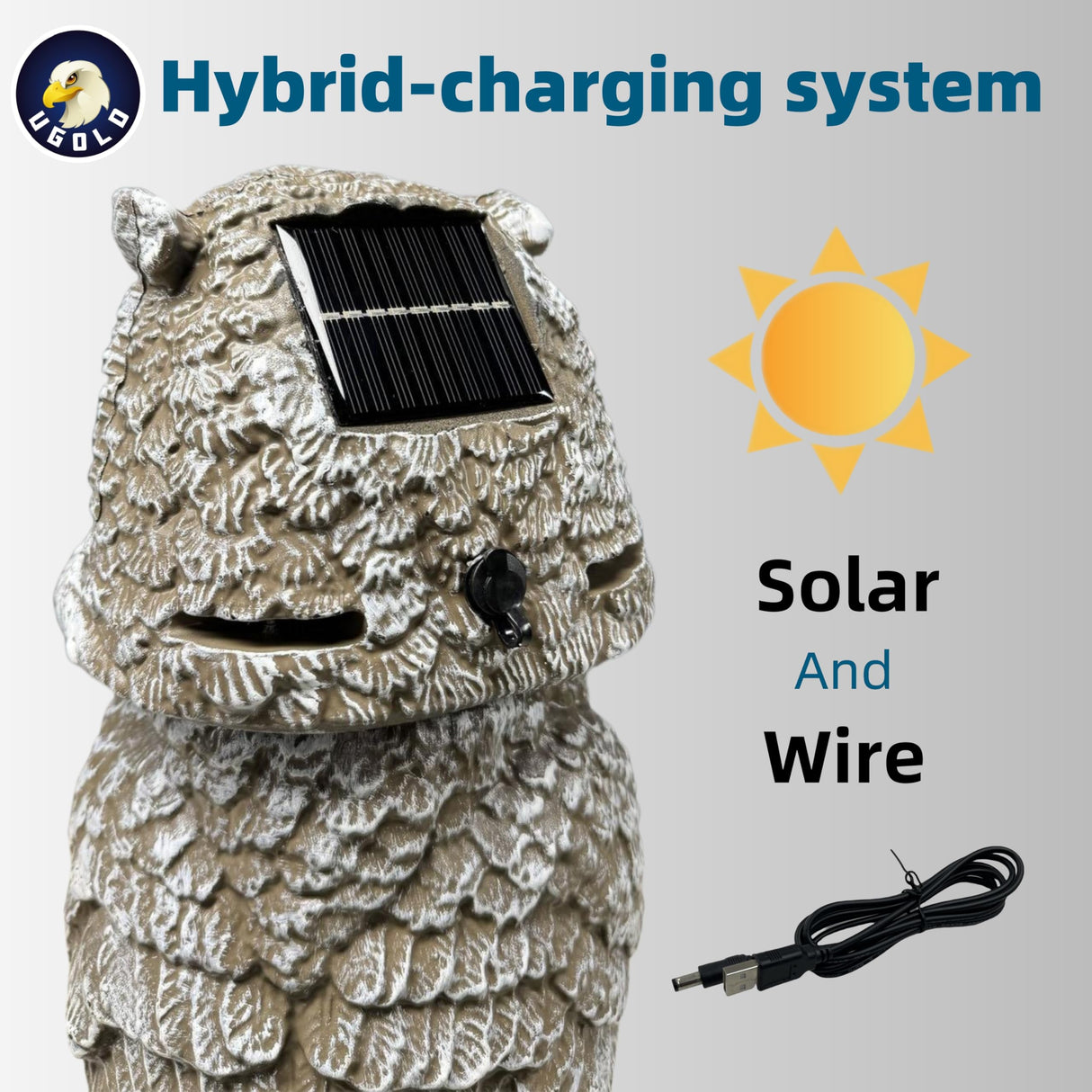Ugold Solar Powered Owl with Motion Detection, Silent Mode, Flashing Eyes, Rotatable Head and Realistic Hoots, Plastic Owl Decoration for Home, Garden, Patio and Fence