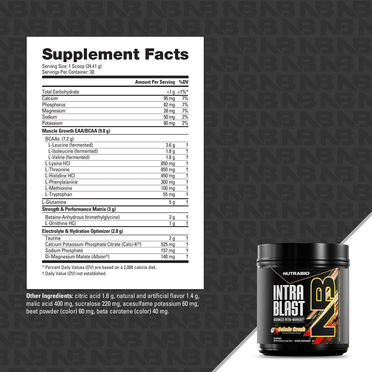 NutraBio Intra Blast Bcaa Powder Amino Acid Supplement, Electrolyte & Hydration Blend, Intra, Pre Workout & Muscle Recovery, 20g Eaa Amino Acids Powder, 5g Glutamine- Colada Crush, 30 Serving
