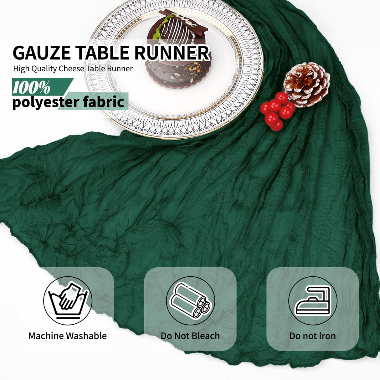 12 Pack Dark Green Cheesecloth Table Runner 10Ft, Christmas Table Runner 21.5 X 120 inch, Semi Sheer Cheese Cloth Fabric Boho Table Runner Bulk for Christmas Decorations,Bridal Shower,Wedding