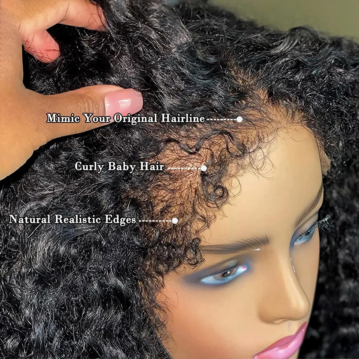 FACMOOD 4C Edges Kinky Curly Lace Front Wigs Human Hair 13x4 HD Transparent Lace Frontal Wigs with Curly Edges Baby Hair, Deep Wave Curl Wig Pre-Plucked Hairline 180% Density 16 inch