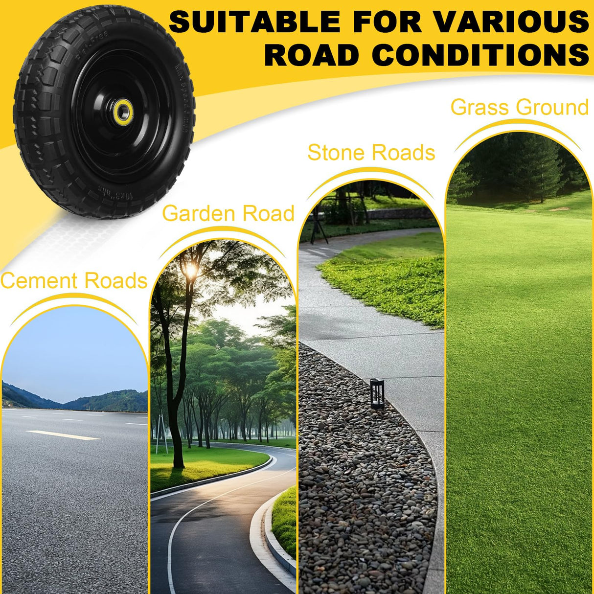 13 Inch Solid Rubber Tires, 4.00-6 Tire Flat Free with 5/8" Bearings, 2.17" Offset Hub for GOR Garden Cart, Wheelbarrow, Trolleys, Hand Trucks and Yard Trailers(4 Pack)