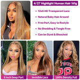 Btomar 30 Inch Ombre Highlight 13x6 Lace Front Wigs Human Hair HD Transparent Straight Lace Front Wigs Human Hair Pre Plucked 180% Density Glueless #4/27 Colored Honey Blonde Wig for Women