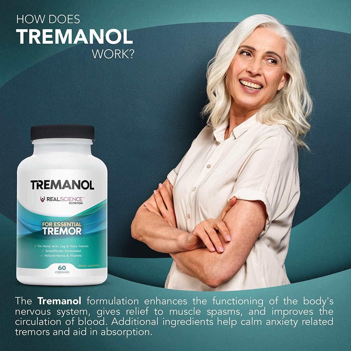 Tremanol Natural Aid for Essential Tremor - Provides Tremor Relief for Shaky Hands, Arm, Leg And Voice (Pack of 3 Of 60 Capsules Each)