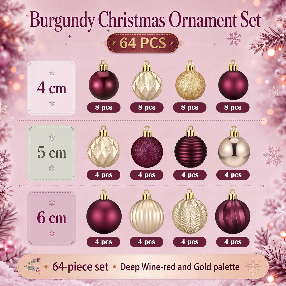 Lunmon 64 Pcs Burgundy and Gold Christmas Ball Ornament 1.57/1.97/2.36 Inch