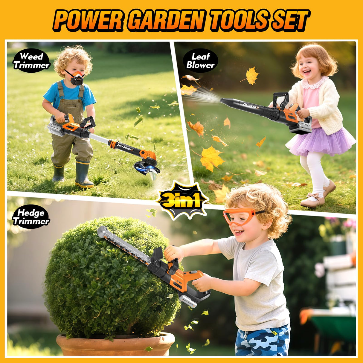 3-IN-1 Kids Garden Tools with Lights and Sounds, Weed Wacker Toy, Leaf Blower Toy, and Hedge Trimmer, Yard Tools Outdoor toys for Boys Pretend Role Play, Christmas Birthday Gifts for Kids 3,4,5,6,7,8+