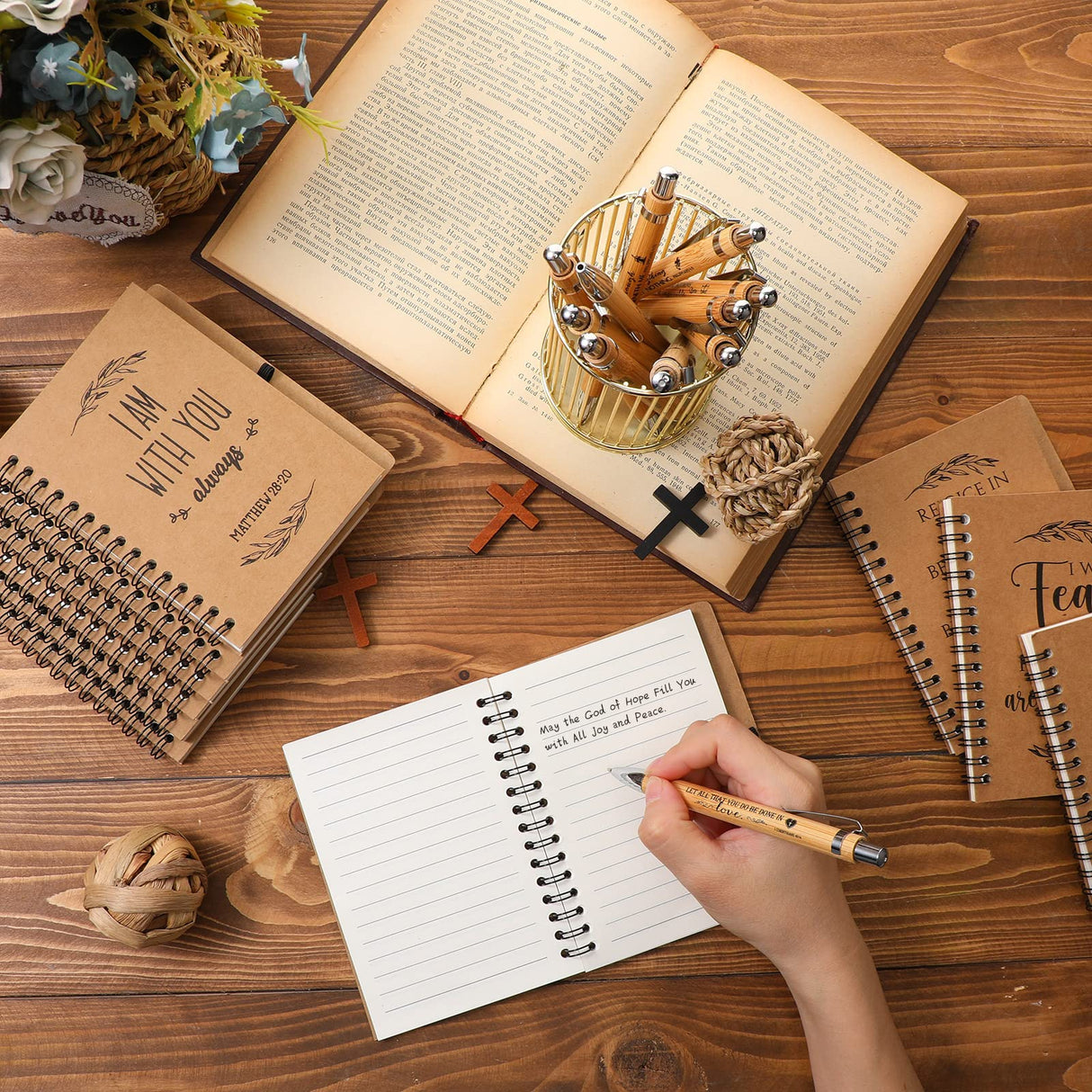 Kosiz 100 Pcs/ 50 Set Christmas Christian Gifts Bulk Include Spiral Notebook and Bible Verse Ballpoint Pen Prayer Journal Religious Notepad Church Gifts for Women Men Sunday School Teacher Pastor