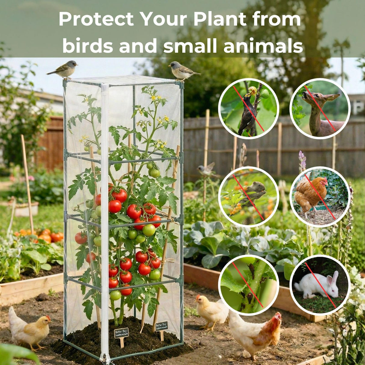 Garden Bird Netting, 3 Pack Tomato Cage Netting with Zipper, 18" x 60"