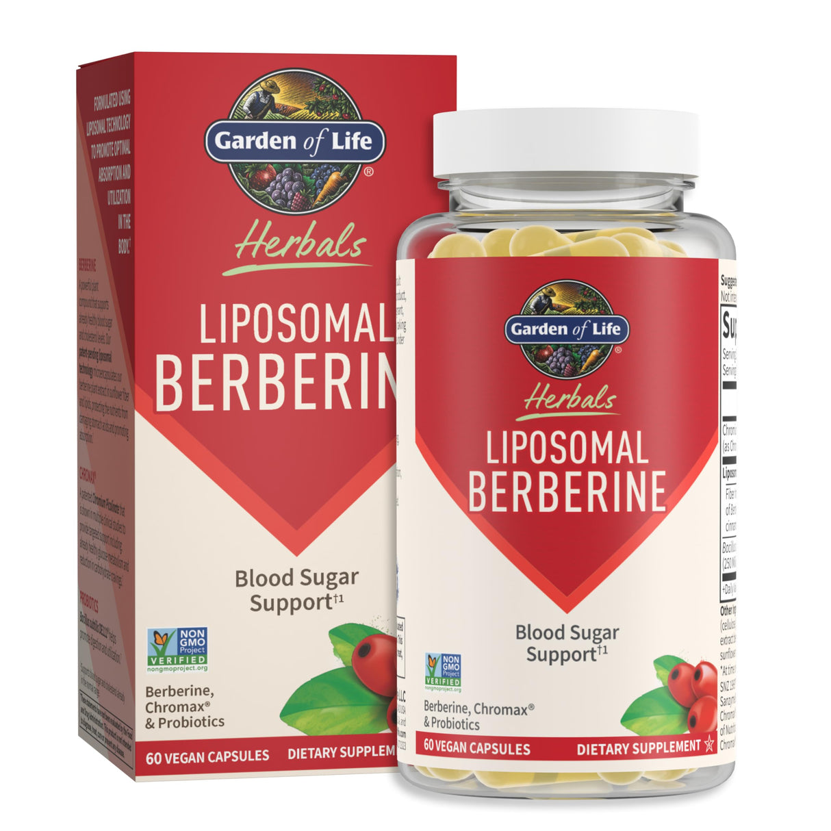 Garden of Life Liposomal Berberine and Chromium Picolinate for Already Healthy Blood Sugar, Glucose Metabolism and Cholesterol—Probiotics for Easy Digestion—Non GMO, Gluten Free, Kosher, 30 Servings