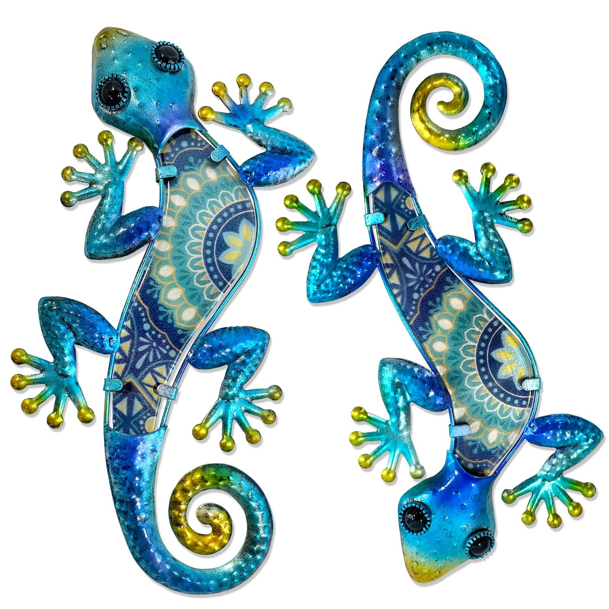 HONGLAND Metal Gecko Wall Art 2Pcs Outdoor Wall Decor 12 Inch Lizard Metal Hanging Wall Decoration Glass Sculpture for Garden Yard Patio Fence Home (Boho Blue)