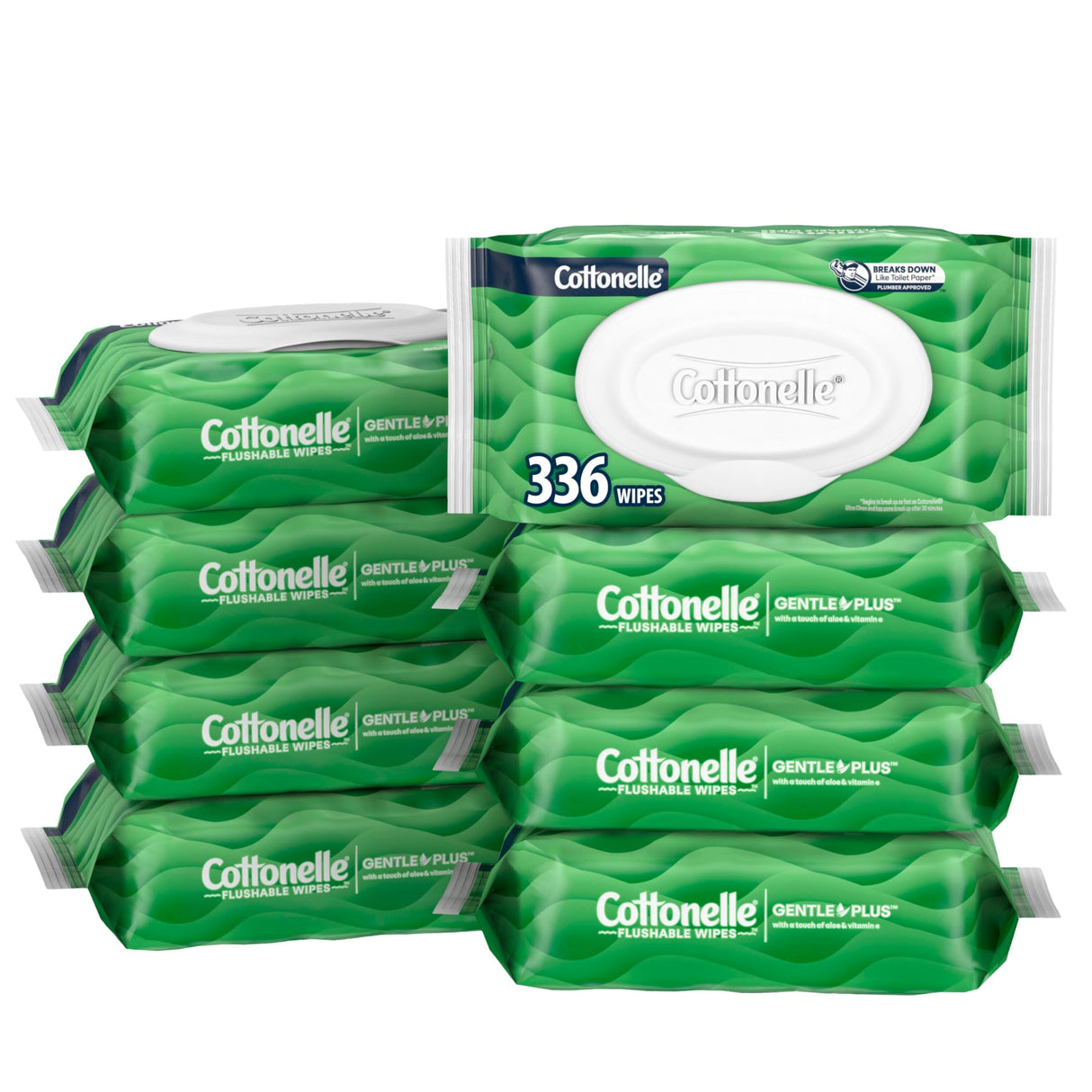 Cottonelle GentlePlus Flushable Wet Wipes with Aloe & Vitamin E, 8 Flip-Top Packs, 42 Wipes Per Pack (336 Total Wipes), Packaging May Vary