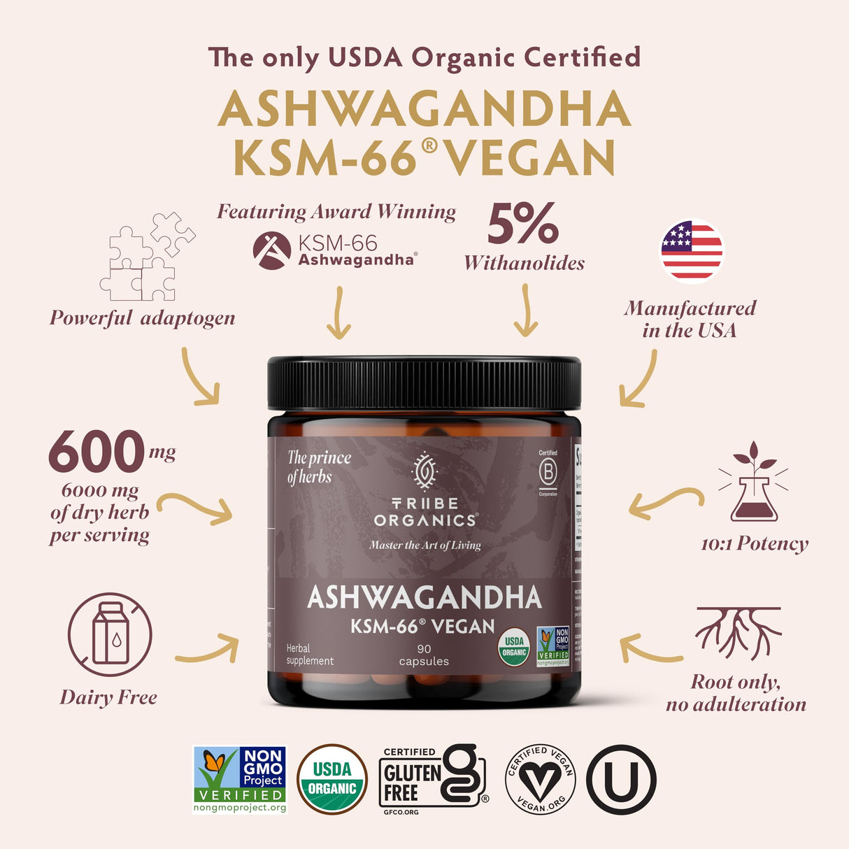 TRIBE ORGANICS Vegan Ashwagandha KSM 66 Pure Organic Root Powder Extract Ayurvedic Supplement - Focus Mood Support Increase Energy Strength 600mg of Natural KSM66 for Superior Absorption - 90 Capsules