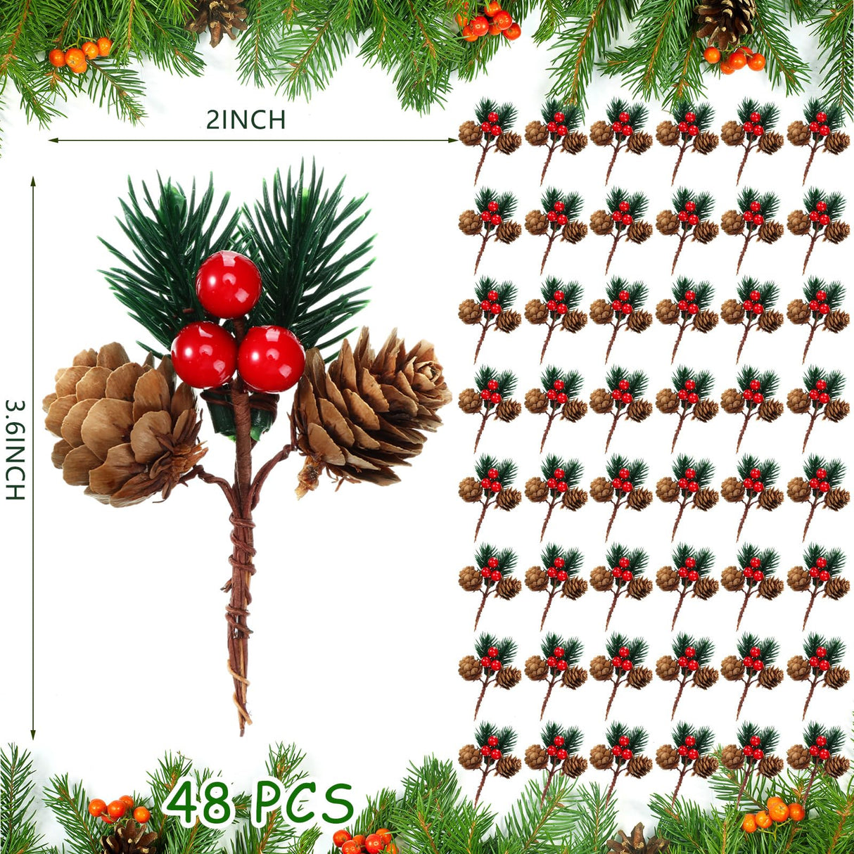 48 Pcs Christmas Picks and Sprays Christmas Tree Floral Picks Holly Red Berry Stem Spray Greenery for Craft Artificial Faux Pine Branches Pine Cones Branches for Tree Home Decor Garland Wreath (Cute)