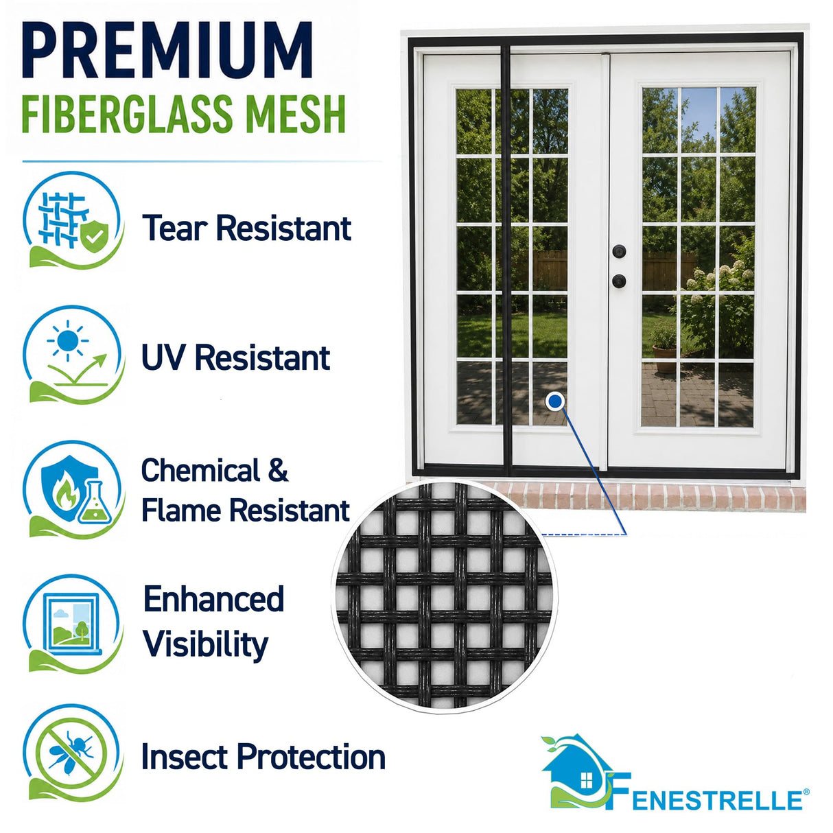 Fenestrelle Magnetic Screen Door for French & Sliding Door – Heavy Duty, Hands Free Fiberglass Mesh with Self Closing Magnetic Seal, Black Trim – Fits 70" x 80" Doors (Screen Size 72" x 80")